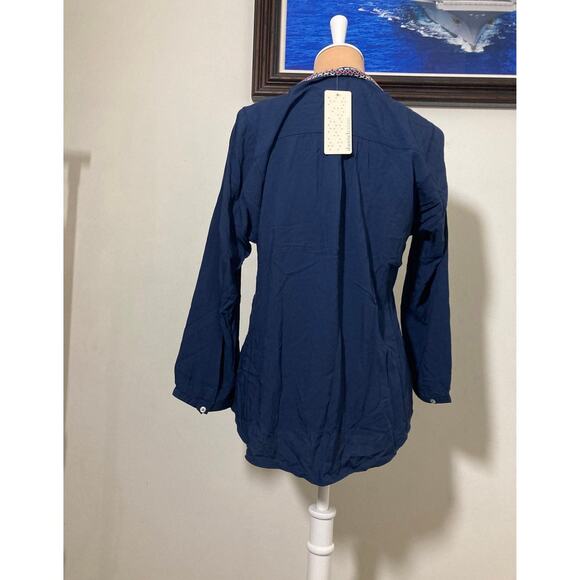 Daniel Rainn Womens Shirt Size M Blue Embroidered Trim Boho Peasant Tassle top - Picture 2 of 3